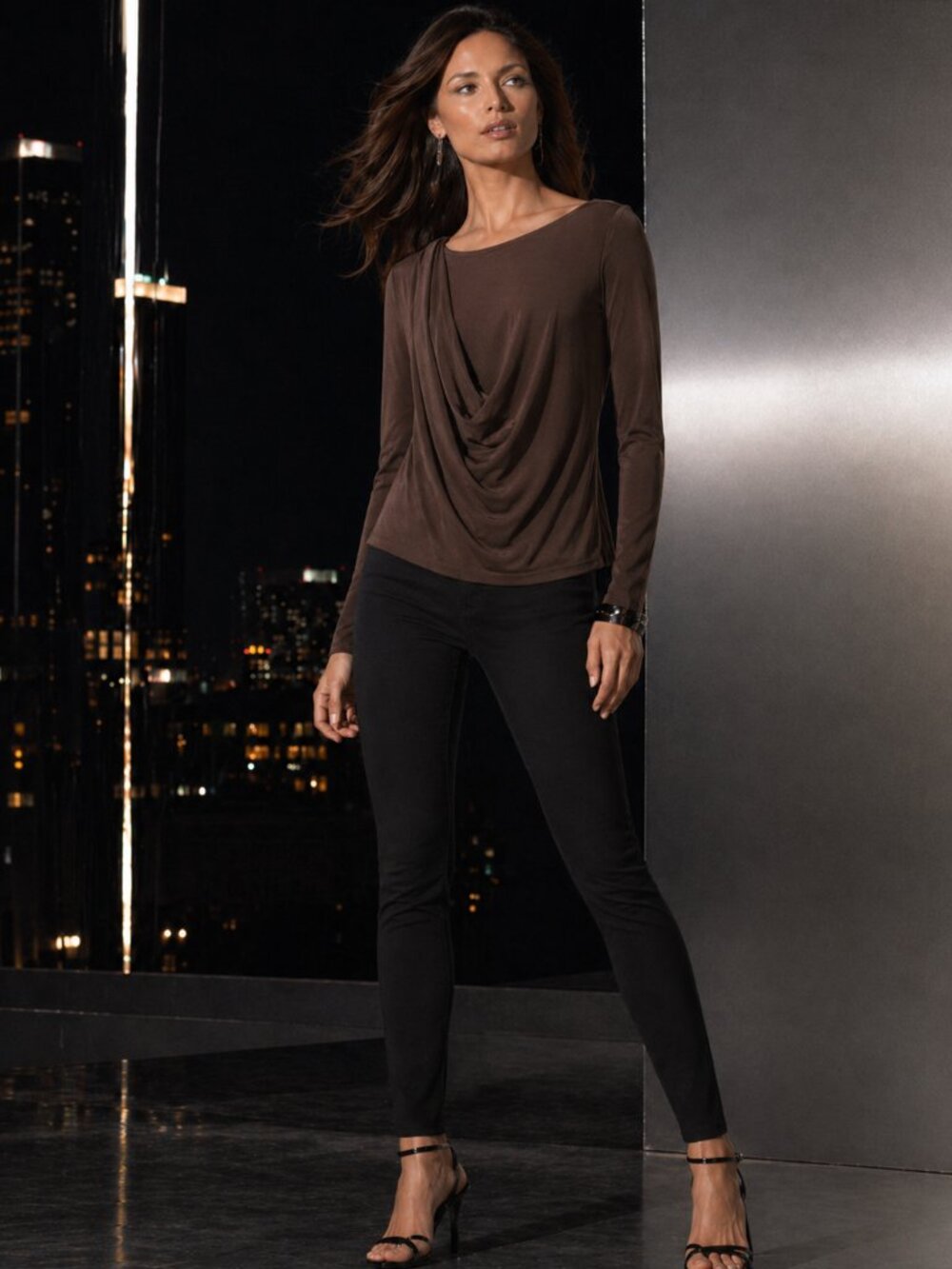 Vince Camuto Brown Scoop Neck Long Sleeve Top